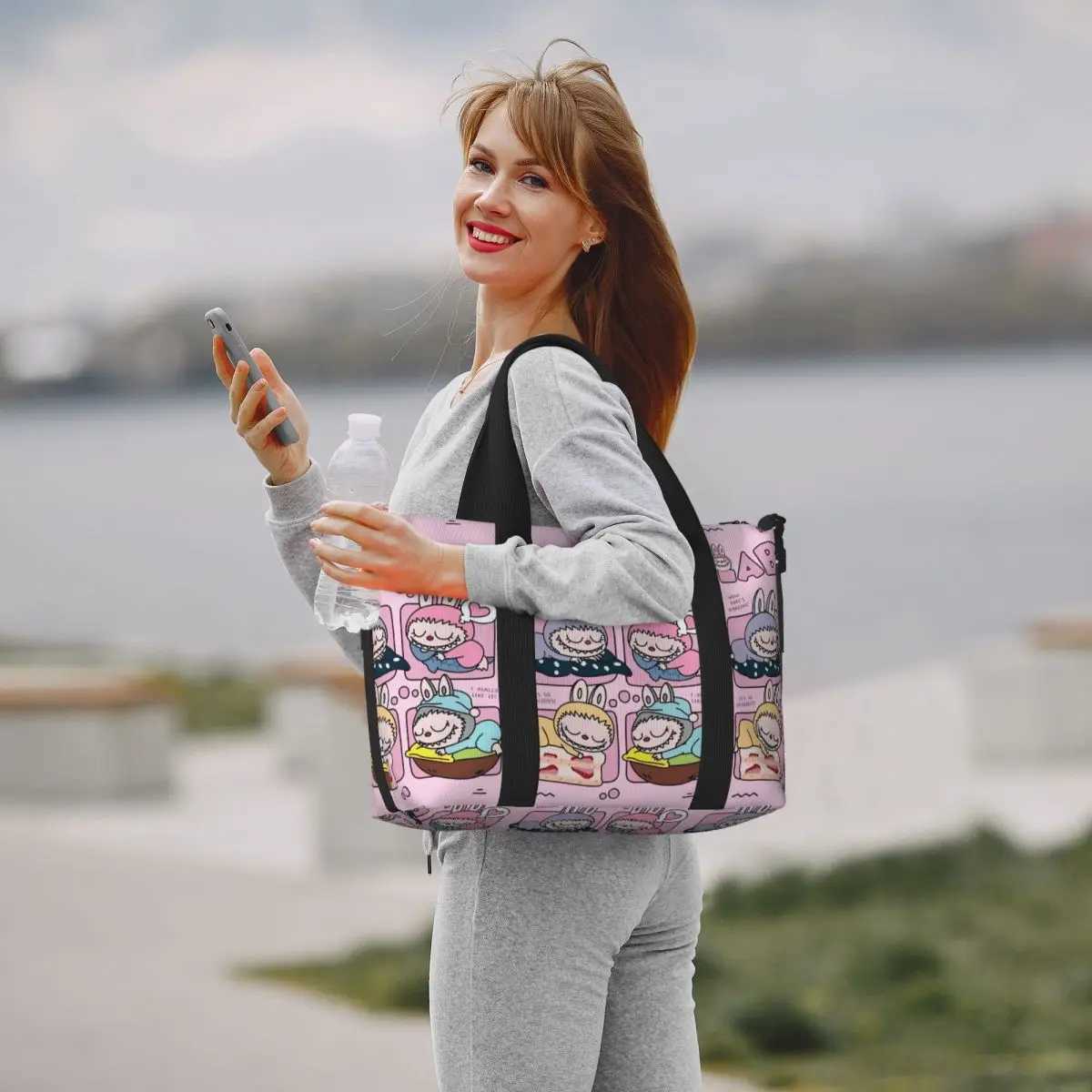 Custom L-Labubus Doll Beach Tote Bag for Women Extra Large Gym Carry On Playful Monster Travel Shopping Bags W250618