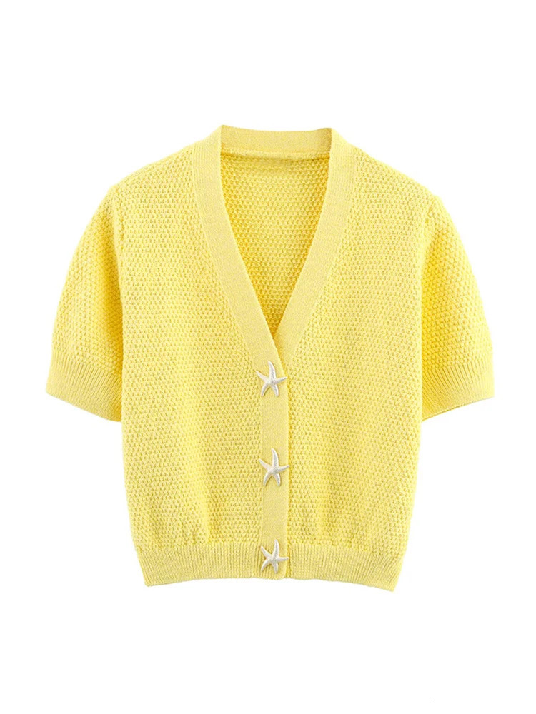 V Neck Knit Yellow Shirt Women Solid Casual Loose Starfish Button Short Sleeved T-shirt 2025 Summer Commuting Lady Tops 250617