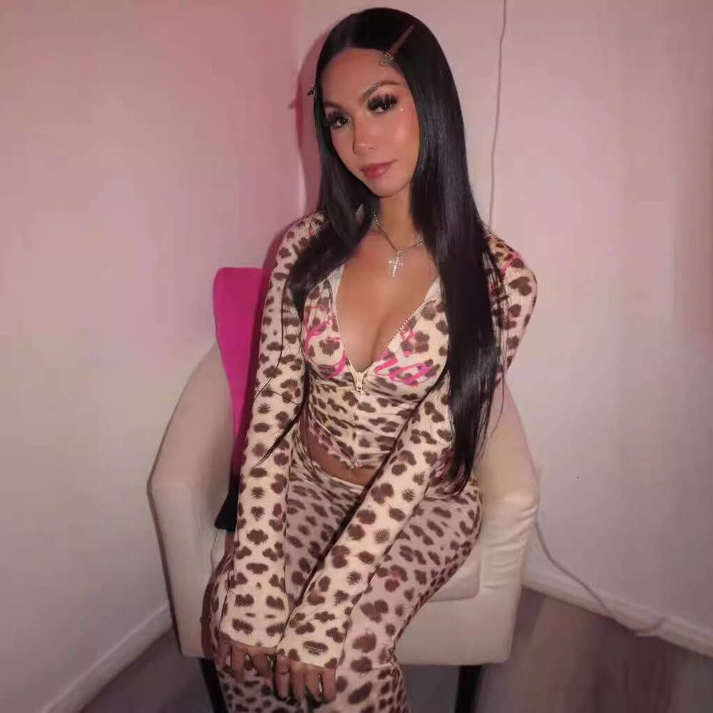 Autumn New Casual Versatile Sexy Leopard Print Hooded Long Sleeve Cardigan Top And Pants Set B5