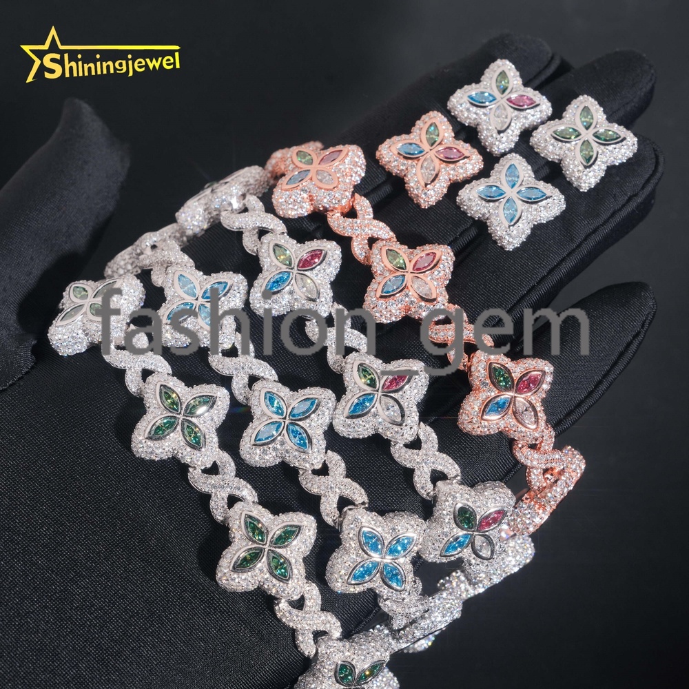 Iced Out Fine Jewelry Set Hip Hop 925 Silver 18MM Colored Marquise Flower Moissanite Bracelet with Earrings GRA Certificated