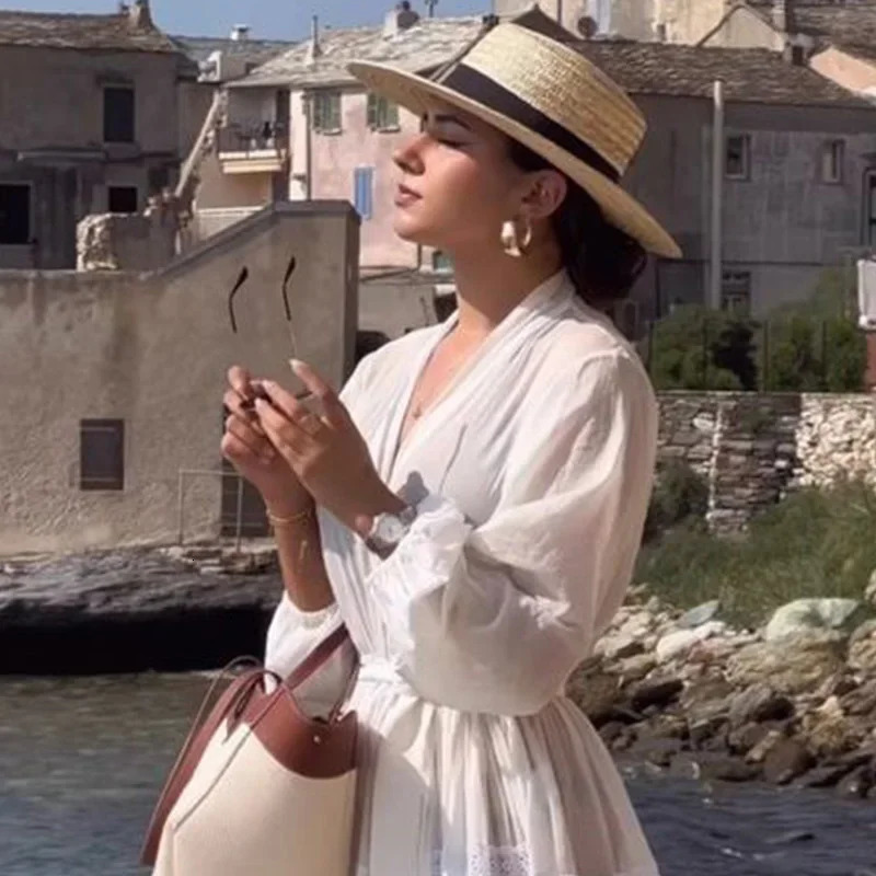 Straw Hat Summer Versatile Womens Fashionable Temperament Black Strap Top Hat Outdoor Vacation Sunscreen Hat Hoed Dames 250618