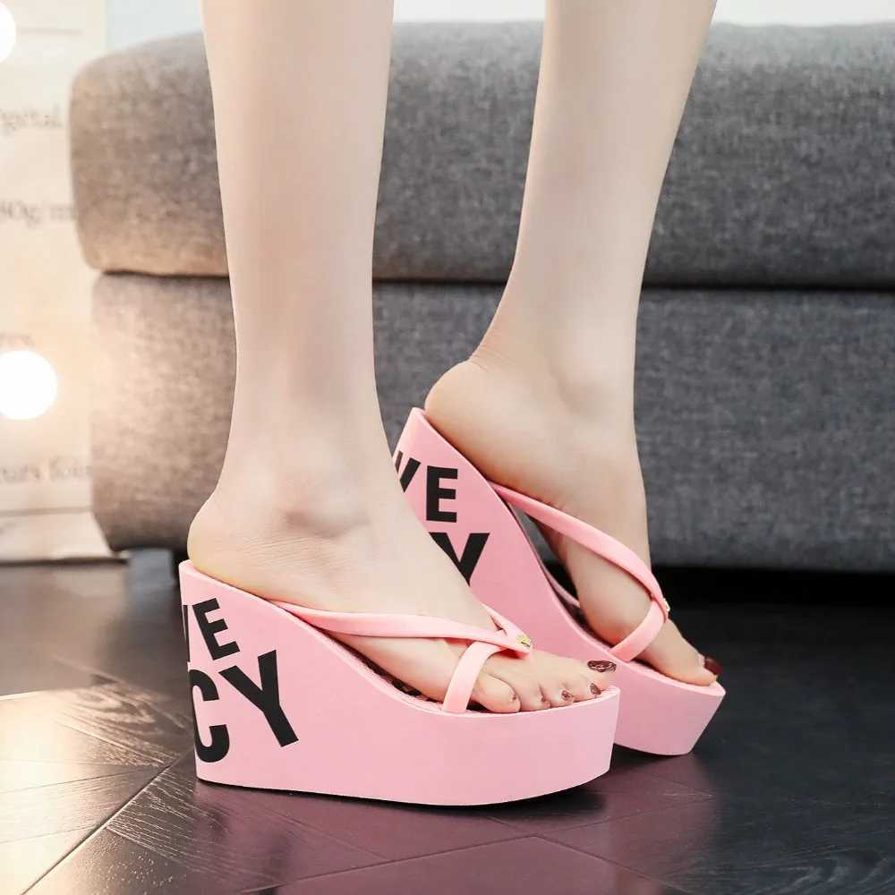 Womens Flip Flops Summer Outdoor Rubber Non-Slip Sandals with Sloping Heels Fashionable High Heels Beach Slippers Women Shoes M250618