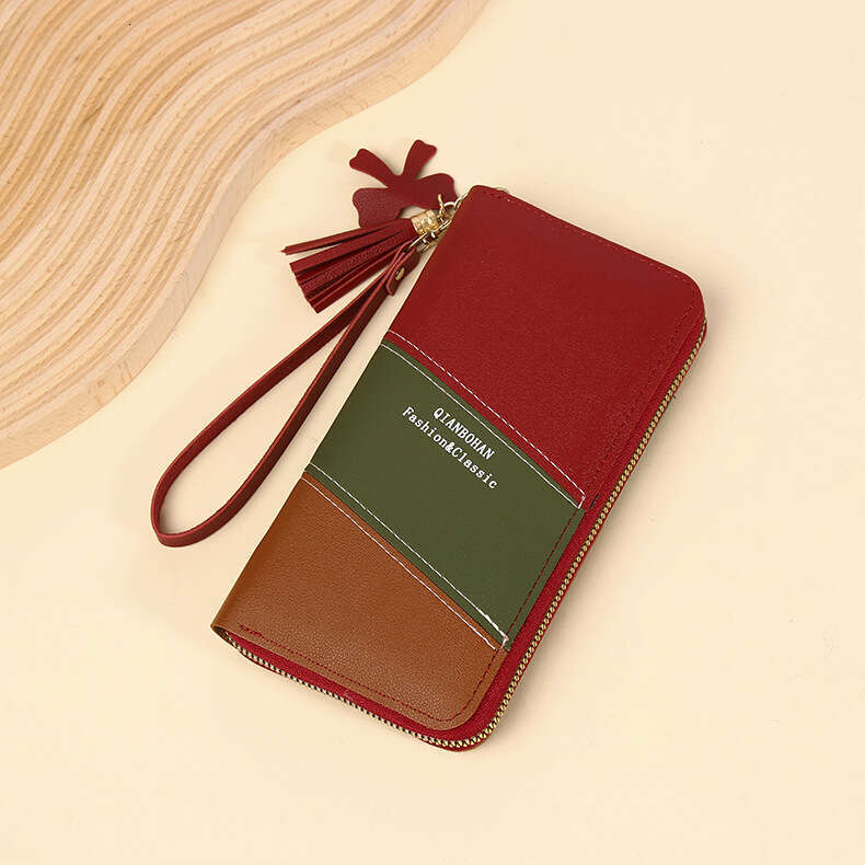 New Style Long Wallet Women, Zipper Purse for Female Students, Korean Version, Color-Block Tassel Versatile Handheld Phone Bag