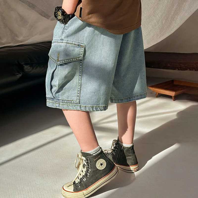 Kids Boys Cargo Denim Pants for Summer Dark Blue/Light Blue Big Pocket Loose Wide Leg Shorts Casual Children Short Pants A24607C250617