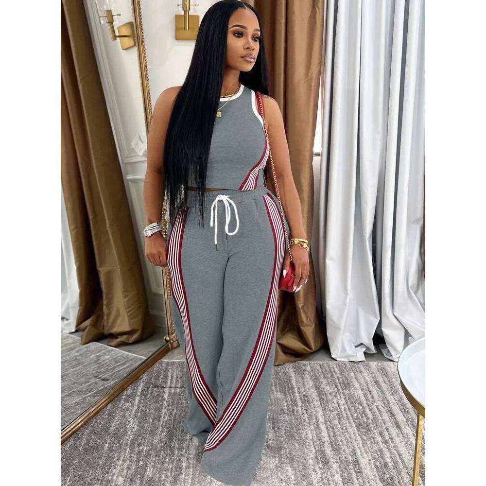 Wear Kricesseen Casual Striped Crop Top And Jogger 2 Piece Outfits Summer Women Tracksuits Set Workout Overalls Sportywear