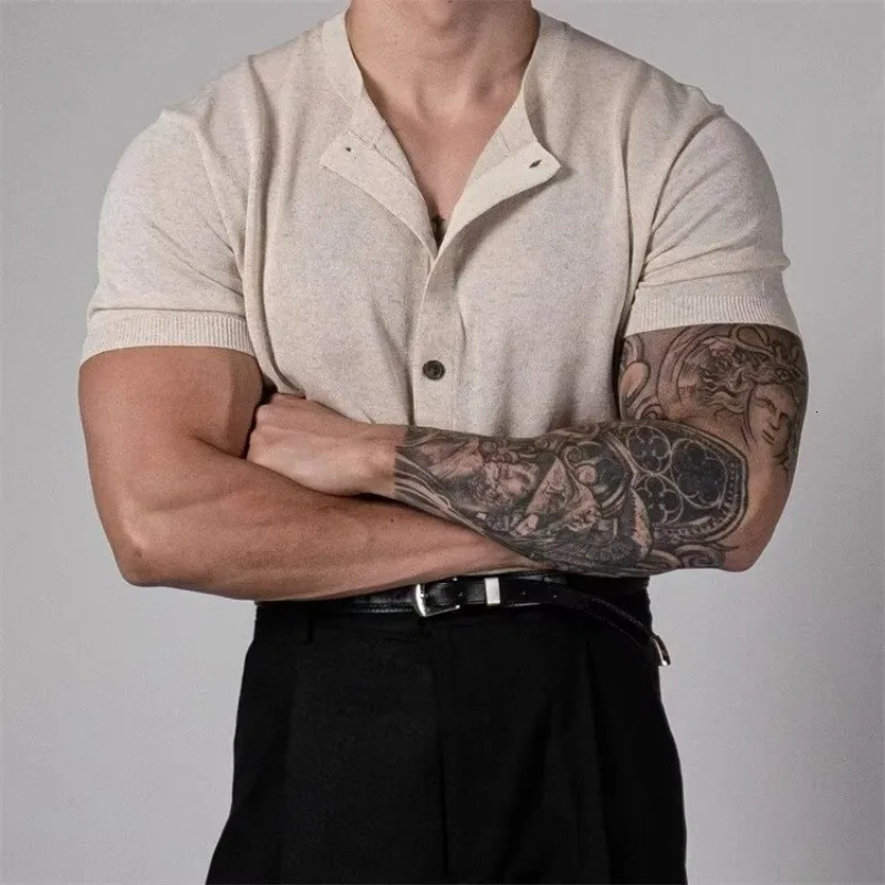y Men Knitted Cardigan Short Sleeve Summer Thin Singlebreasted Knit Sweater Breathable Ice Silk Tshirt Outerwear 250617