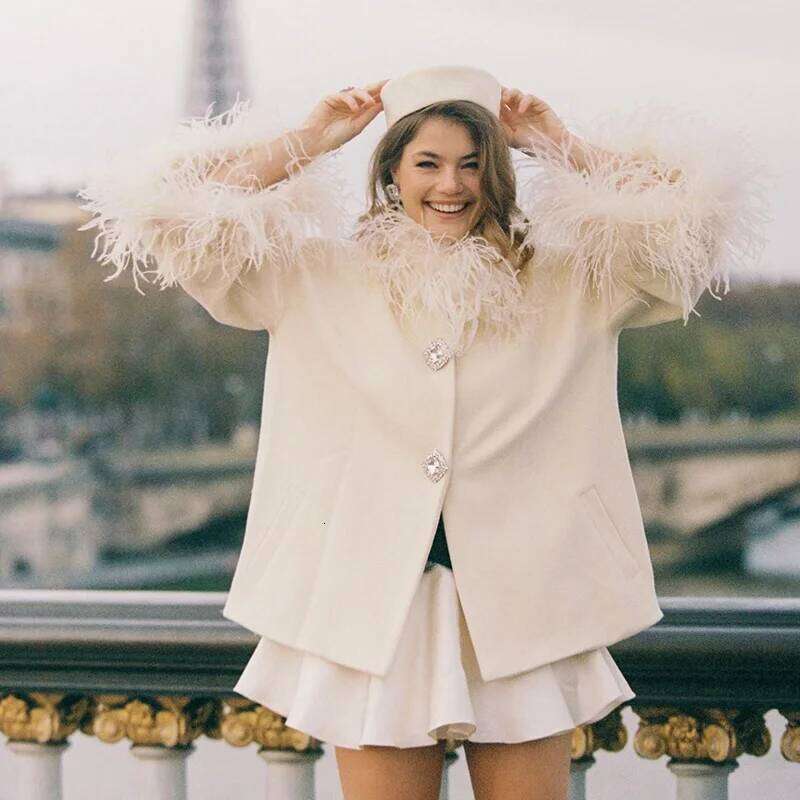 Fashion Feather Spliced Women Jacket Long Sleeve High Collar Solid Coat Retro Casual Loose Coats New Winter Lady Party Outerwear