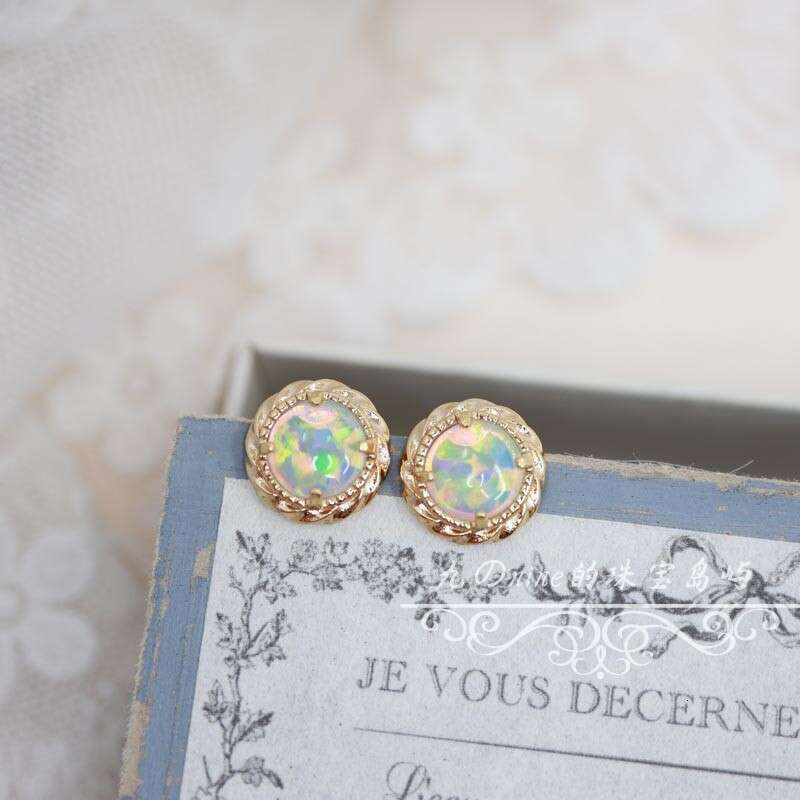 Fireworks and flowing lights.Round Small Sun Synthetic High Imitation Colorful Opal Ring Earrings Necklace Set