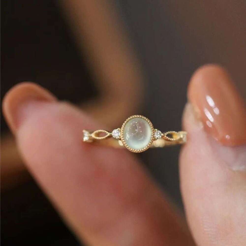 New Trendy Live Streaming Imitation Ice Jade Natural Chalcedony Inlaid with Small Diamond Dewdrop Open for Women Light Luxury Simple Ring