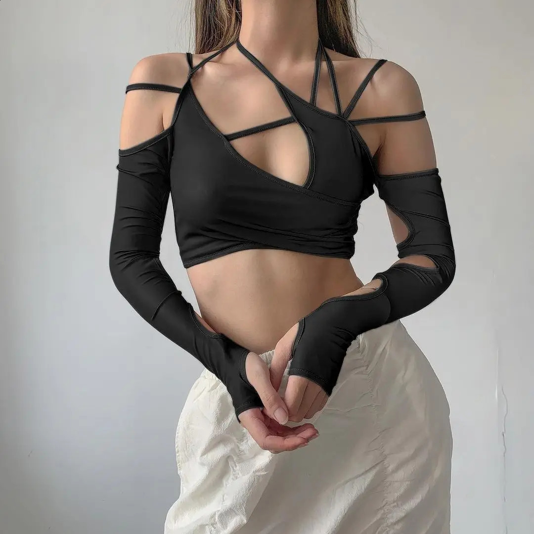 Y2k Womens Punk Crop Vintage Cool Girl Gothic sexy Fashion Casual Slim T-shirt Hollow Out Solid Black Long Sleeve Crop Tops Tee 250614