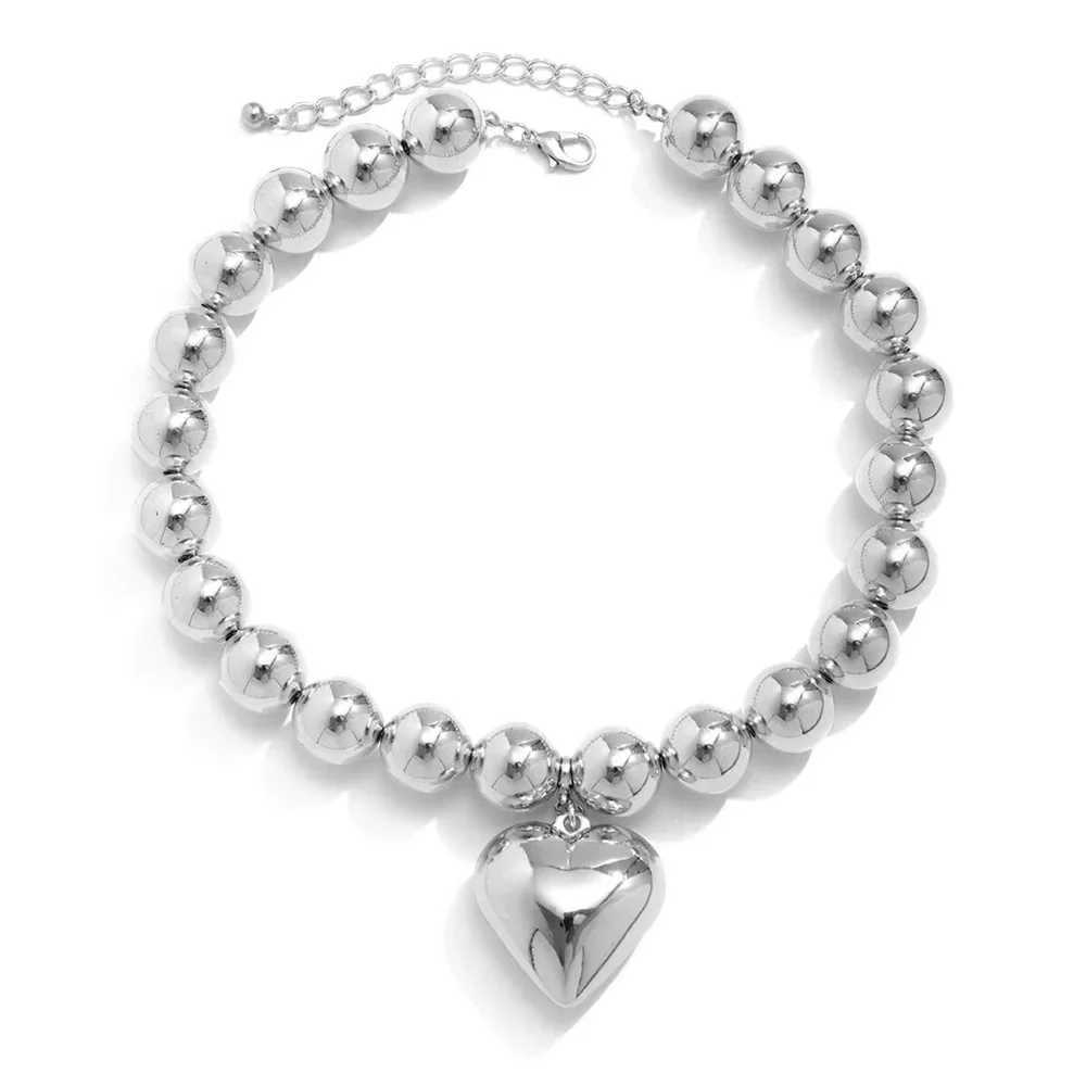 Boho Punk Silver-plate Big Bead Chain Heart Pendant Necklace For Women Vintage Fashion Female Baroque Hip Hop Choker Jewelry W250618