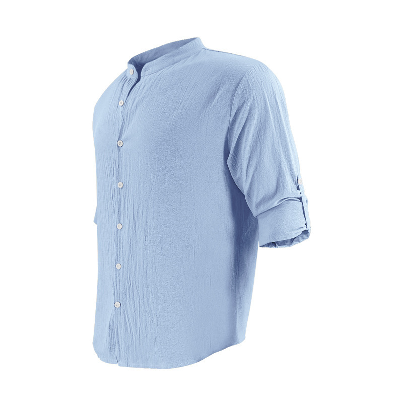 designer t shirt Men's Hawaiian long-sleeved shirt with cotton and linen stand-up collar, breathable Henry collar, casual long-sleeved top Europe