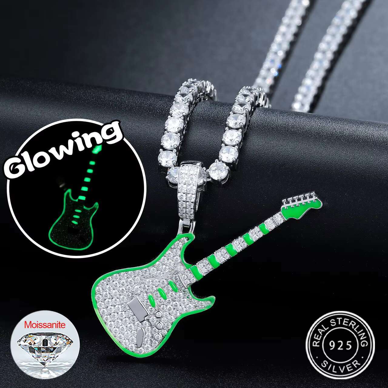 Glow in the Dark Series High Quality 925 Sterling Silver VVS Moissanite Diamond Iced Guitar Pendant Necklace