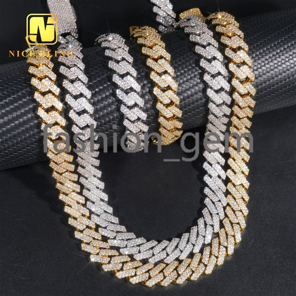 13mm Iced Out Cuban Link Chains 2 Rows Prong Setting Wholesale Brass Cuban Necklaces Hip Hop Rappers moissanite moissaniteia Necklace