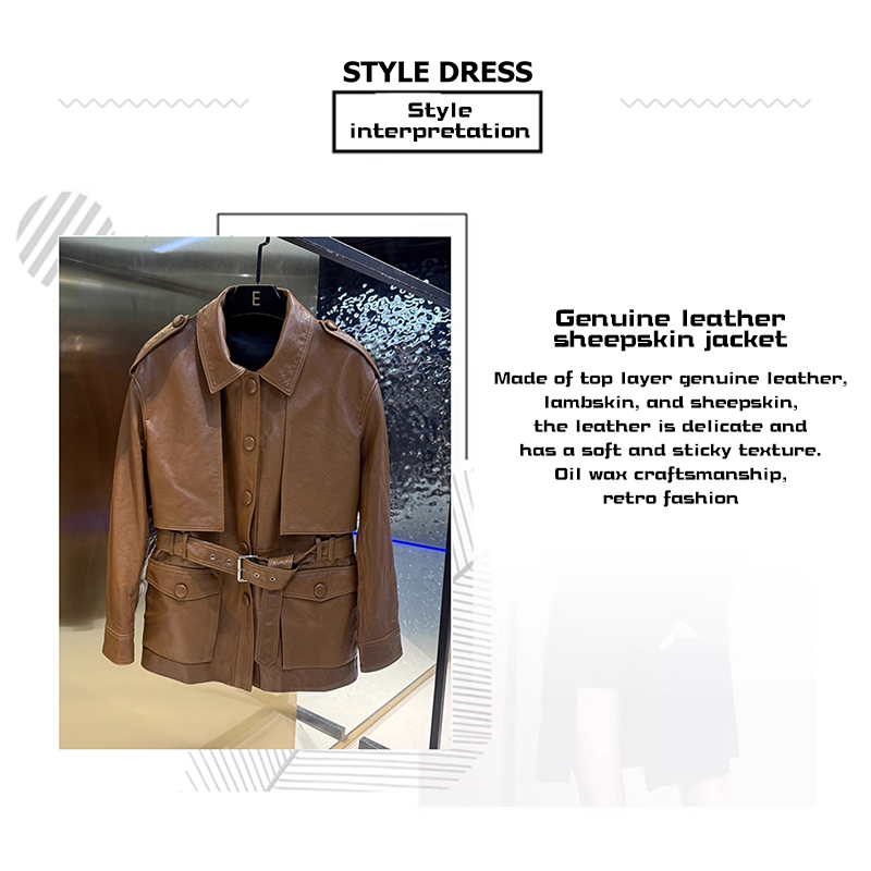 Spring new Hong Kong style locomotive leather windbreaker, genuine leather sheepskin fashionable lace up mid length leather suit top