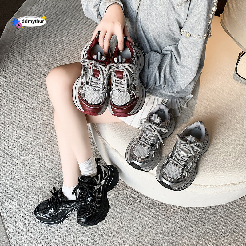 Silver Dad Sneakers for Women 2025 Spring Summer New Thick Sole Height Increasing Versatile Mesh Breathable Sports Casual Shoes ddmythur