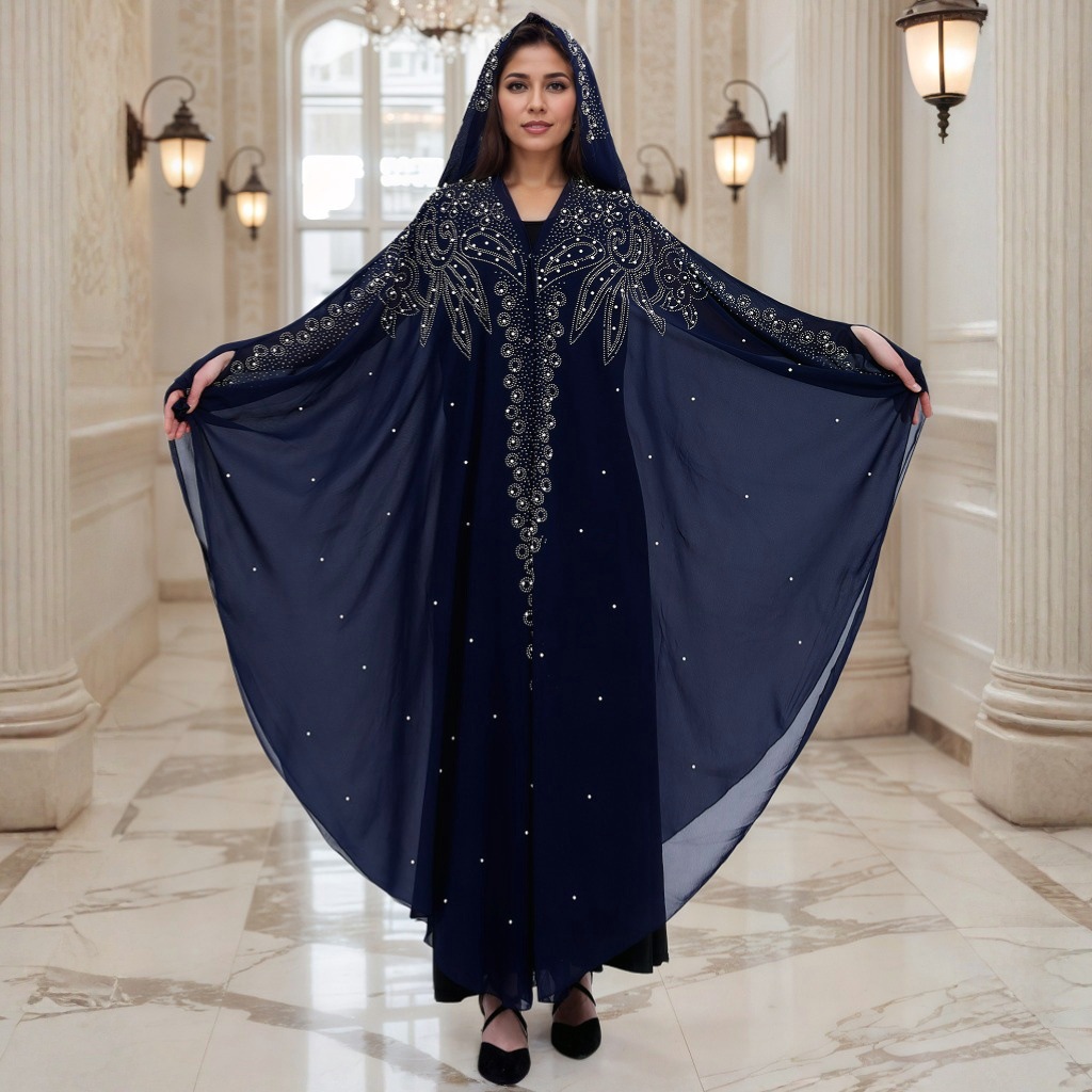 L617Hot Diamond Beaded Robe Muslim Shawl Hooded Cape Dress Bat Sleeve