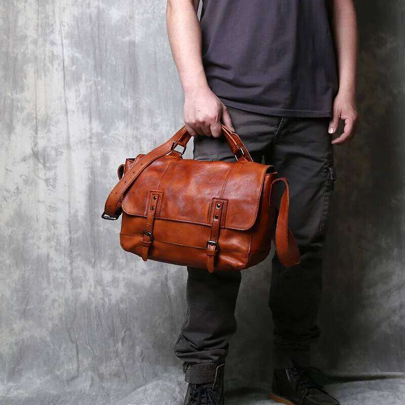 JLFGPJ Texture Original Vintage Old Rubbed Color Vegetable Tanned Cowhide Crossbody Bag Men's Genuine Leather Handheld Briefcase
