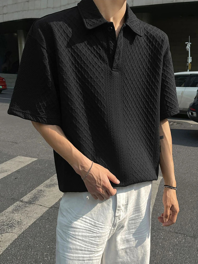 Fashionable Mens Short Sleeve Plaid Texture Polos 2025 Summer Casual Buttoned Lapel Polo Shirt For Men Outdoor Vintage Polo Tops 250617
