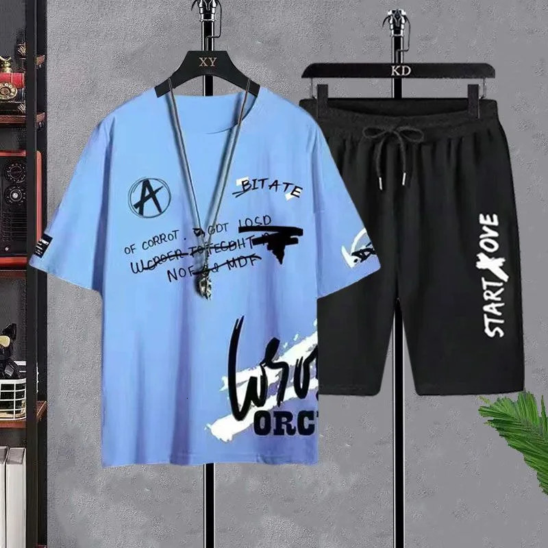 Summer Set for Men Clothes Casual Short Sleeve T ShirtShort Sets 2 Piece Sets Men Y2K Tracksuits Oversized O-Neck Print T-shirt 250617