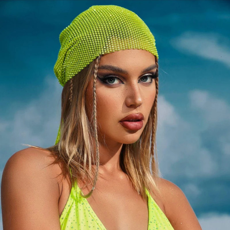 Fishnet Glitter Rhinestone Y2K Beanie Balaclava Womens Cap Crystal Diamond Nightclub Rave Party Turban Hat Muslim Head Wraps 250618