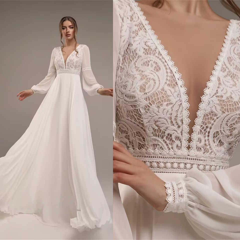 Exquisite Lace Wedding Dress A-Line Sleeveless Bride Gowns With Deep V-Neck Appliques Sweep Train Illusion New Gown Vestidos De Novia