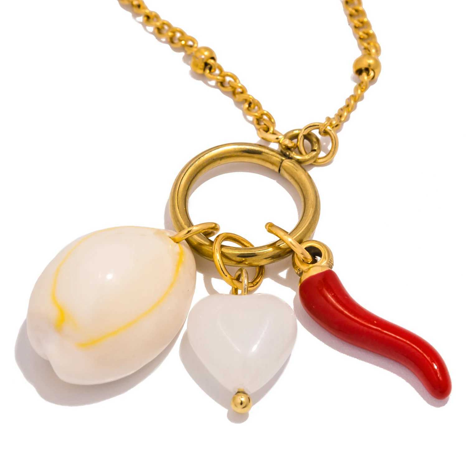 Red Chili Enamel Dangle Natural Stone Shell Pendant Fashion Gold Color Stainless Steel Chains Necklaces for Women Jewelry Gift W250618