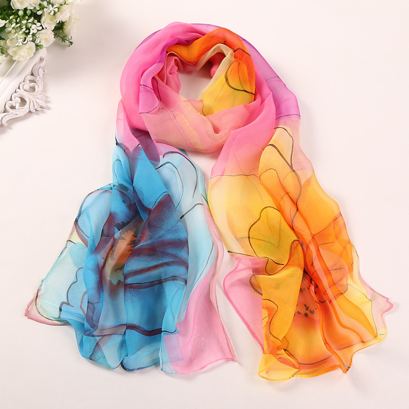 K1311 New women's georgette long silk scarf Yiwu small scarf autumn and winter gift scarf wholesale annual meeting red spider lily scarf
