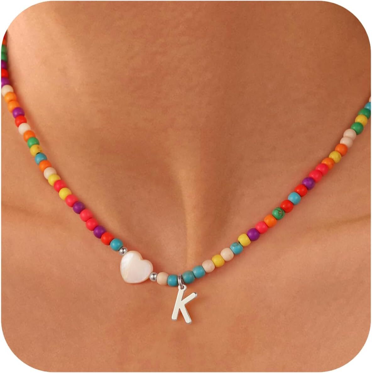Colorful Initial Cute Necklace Suitable for Girls Fashion Beaded Choker Necklace for Women Girls Handmade Initial Necklace Jewelry for Women Girls Gif