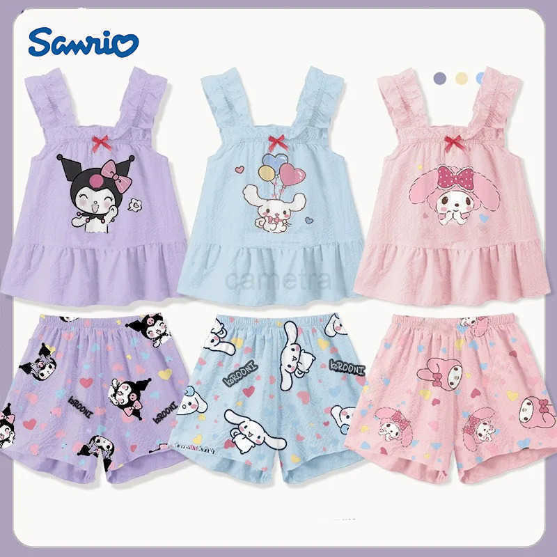 Sanrio Cute Homewear Girls Vest Sling Shorts Pajamas Suit Summer Hello Kitty Loungewear Camisole Pajama Set 2pcs/set Sanrio CinnamorollXJ250618XJ25061
