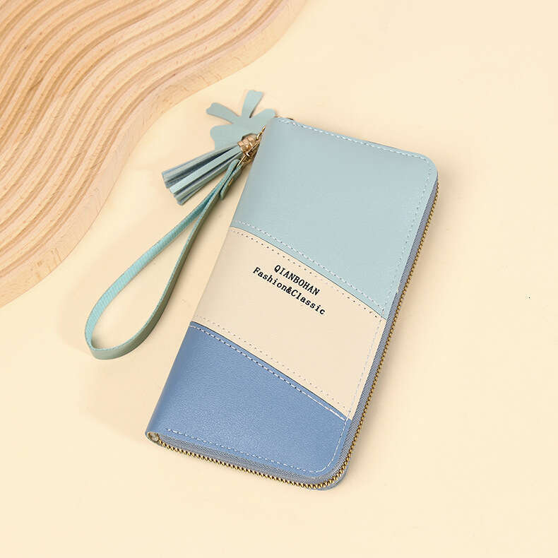 New Style Long Wallet Women, Zipper Purse for Female Students, Korean Version, Color-Block Tassel Versatile Handheld Phone Bag