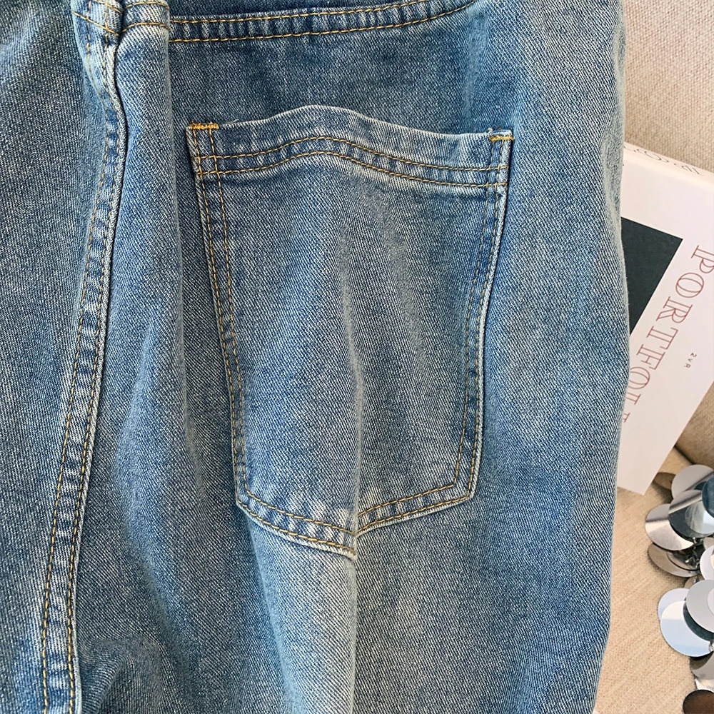 Plussize womens fall casual commute baggy comfort jeans Light blue highwaisted straight leg button pocket long wideleg pants 250609