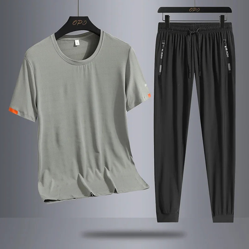 Ice Silk Quick Drying Set Sports Two Piece Set Male Trendy Ice Cool Mesh Quick Drying Breathable Short Sleeve T-shirt Long Pants 250617