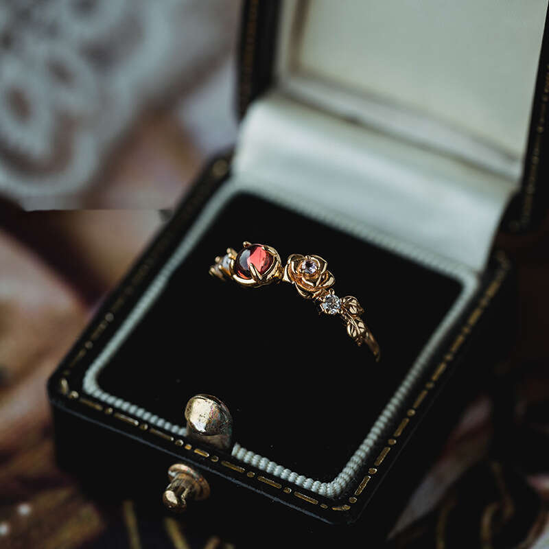 Venus Garnet Gemstone Rose Ring for Women, Ins Style, Light , Simple and Sweet Jewelry, Gold Plated