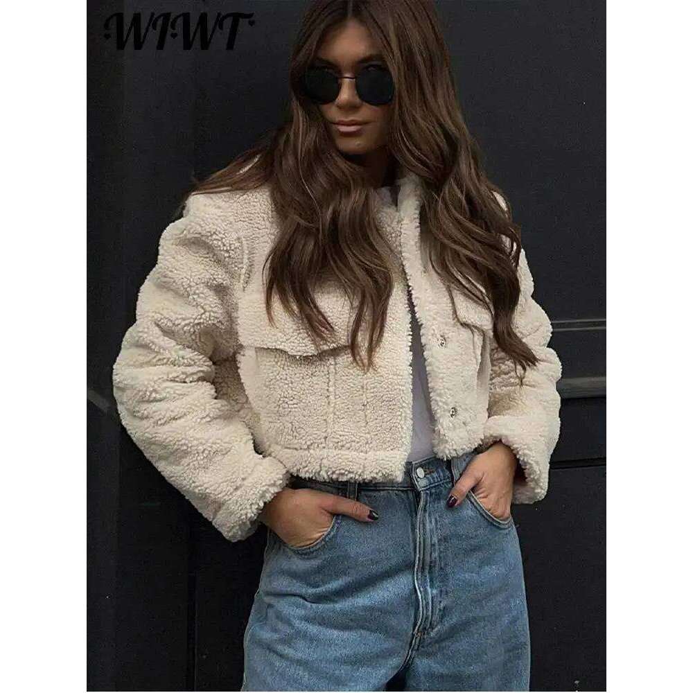Casual Faux Lamb Wool Short Women Winter Coats 2023 Long Sleeve Turn Down Collar Pocket Autumn Jackets Female Warm Streetwear