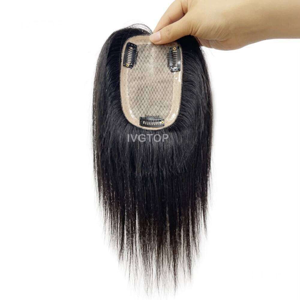 8x12cm Base Topper for Women Summer Breathable Silk Top Toupee Remy Human Hair System Cover with Clips in Black