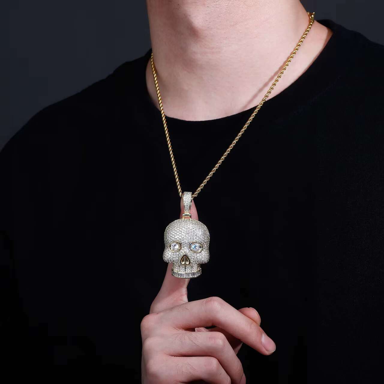 Totally Iced Full VVS Moissanite Diamond Hip Hop Style Eye Stone Skull Pendant Necklace Charm