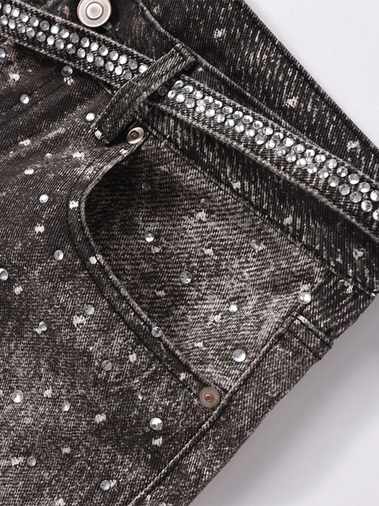 Men Women High Waist Shining Rhinestones Denim Jeans Trendy Wide Leg Baggy Pant Unisex Casual High Street Style Trousers 250617
