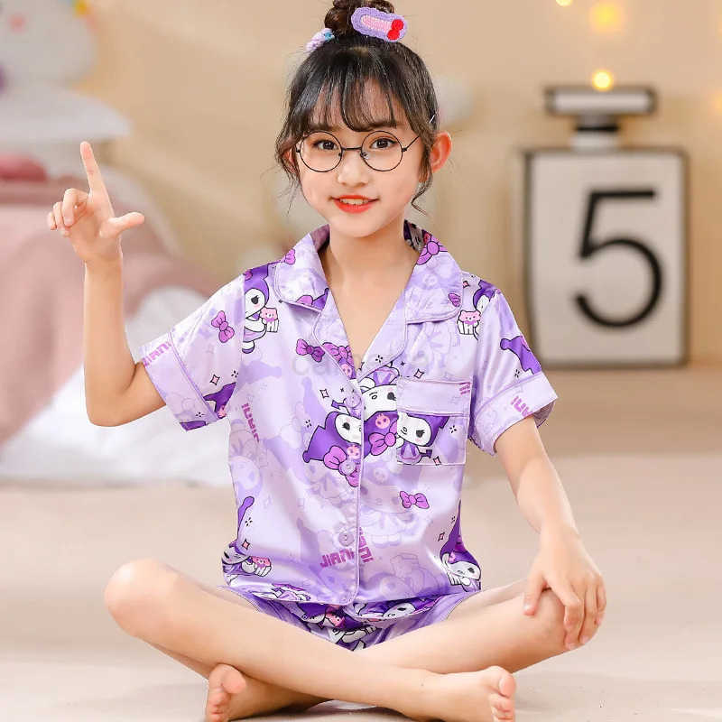 PJ Girl Ice Silk Short Sleeve Cardigan Sweet Cute Cartoon Sleepwear Pajamas Robe Childrens Clothing Mother Kids XJ250618XJ250618
