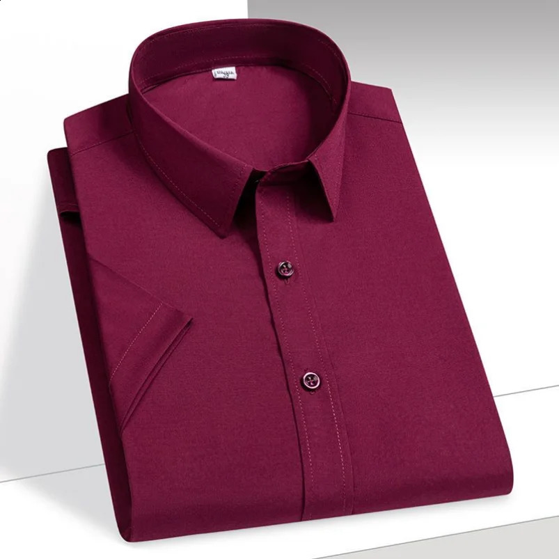 Mens Shirt Short Sleeve Elastic Solid Ice Silk Shirt Easy Care Formal Comfortable Dress Shirts Male Basic Man Clothes 250614
