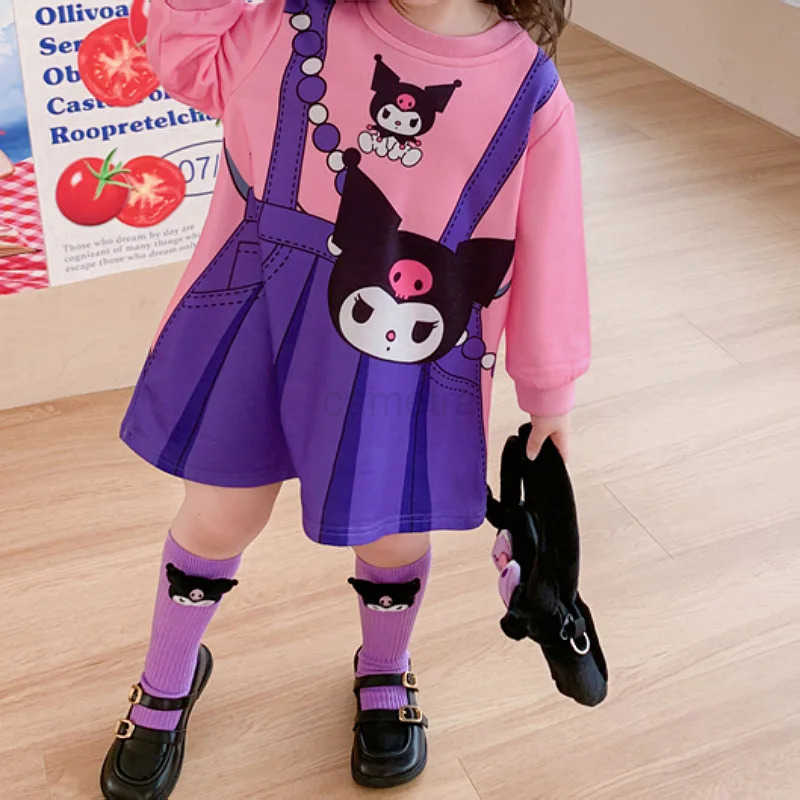 Sanrio New Kuromi Guard Dress Childrens Crossbody Bag Backband Skirt Girls Cartoon Fake Two Long Sleeves Clothes Print Clothing XJ250618