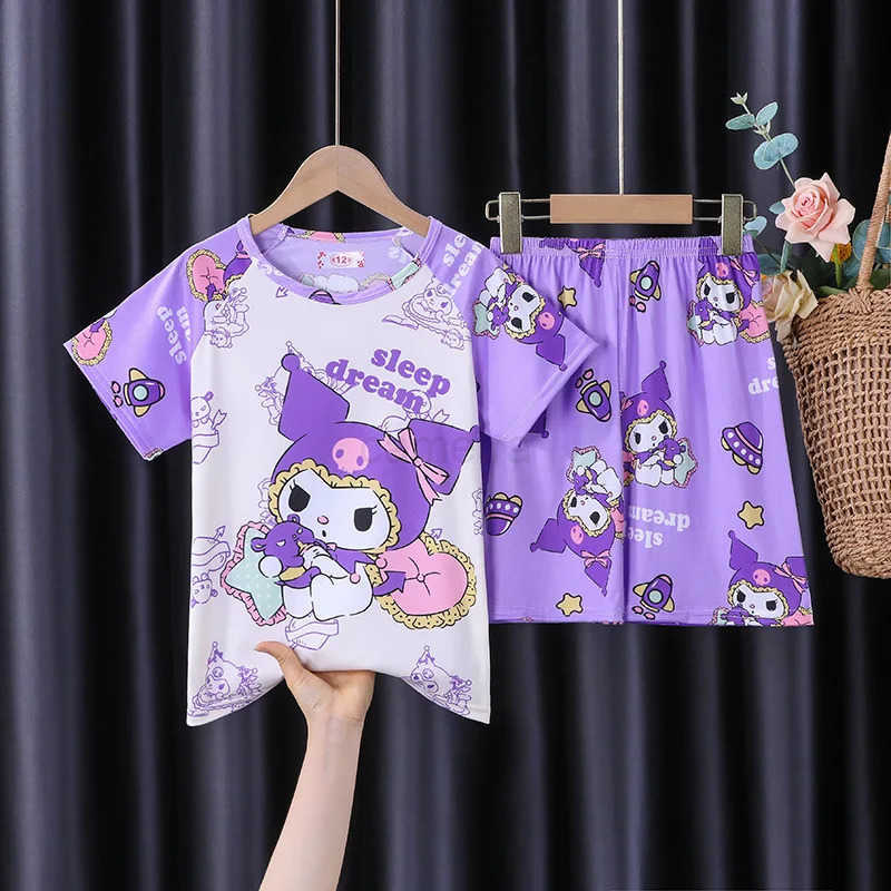Sanrio Girls Pajamas Summer Short Sleeved Casual Two-piece Set Cartoon Cute Anime Kuromi Cinnamoroll Children Short Sleeved Set XJ250618XJ250618