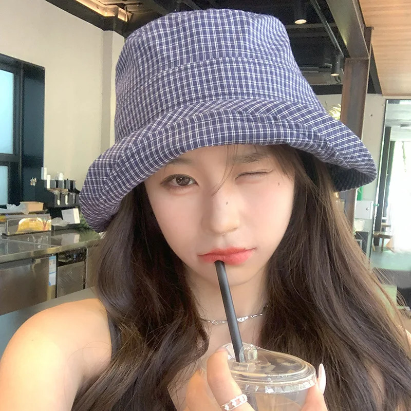 Japanese Style Fisherman Hat Women Summer Check Pattern Rolled Brim Wide Brim Face Slimming Bucket Hat Sun Protection 250618