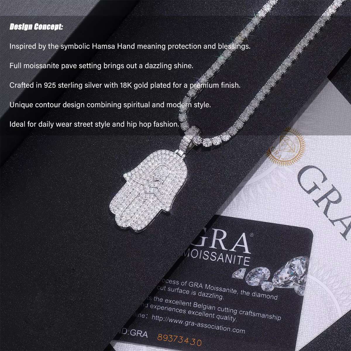 Full Moissanite Hamsa Pendant Necklace 925 Sterling Silver 18K Gold Plated Minimalist Fashion Hip Hop Style GRA Certificate