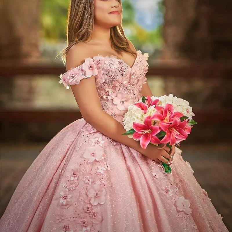 Mexican Pink Shiny Quinceanera Dresses Ball Gown Appliques Floral Lace Beading Birthday Party Sweet 16