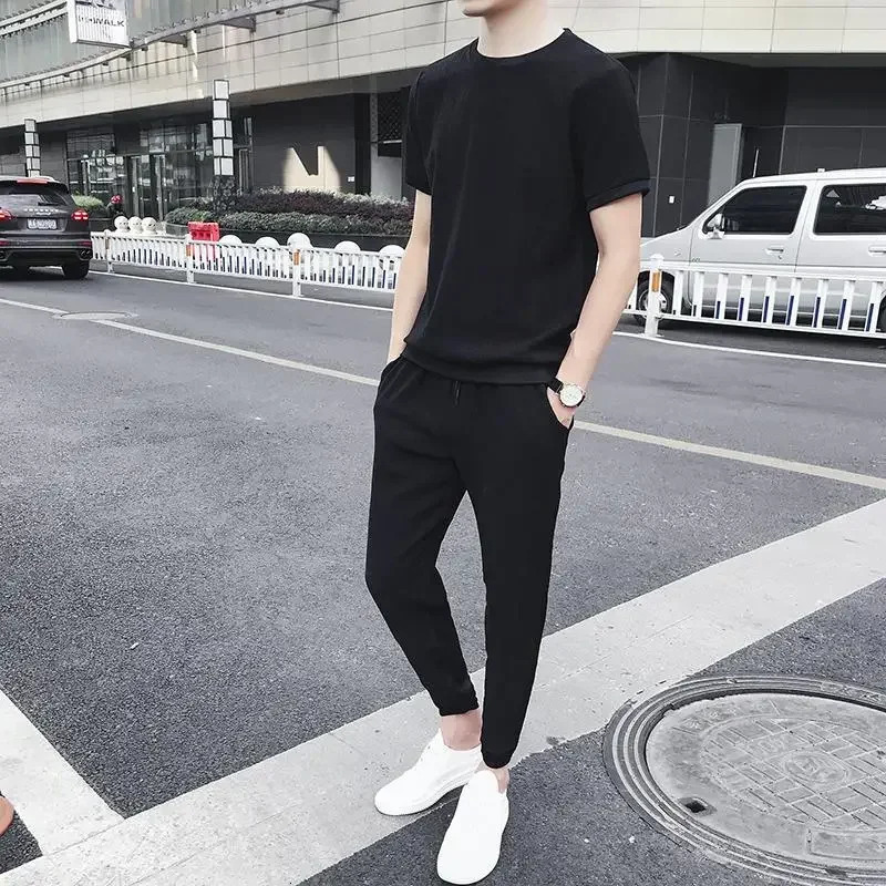 Male T Shirt Trousers Sets Sweatshirts Plain Tracksuit Mens Pants Set Sweatsuit Offer Premium Casual Elastic Tee Stylish 250617