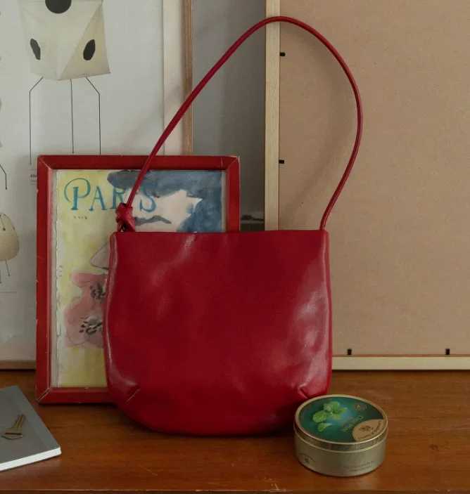 Miyaga Wens Soft Leather Red Lightweight Bucket Versatile Single Shoulder Crossbody Bags B250618