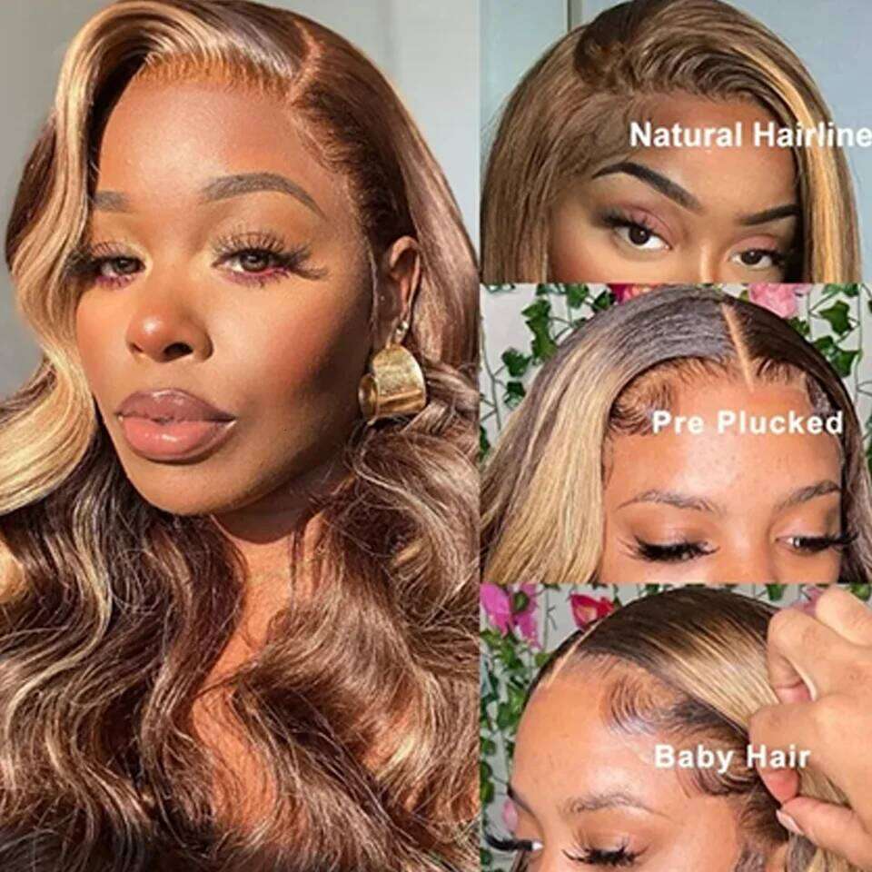 5x5 200 Density Highlight Body Wave Frontal Brazilian Remy HD Transparent Lace 100% Human Hair Closure Wigs For Women