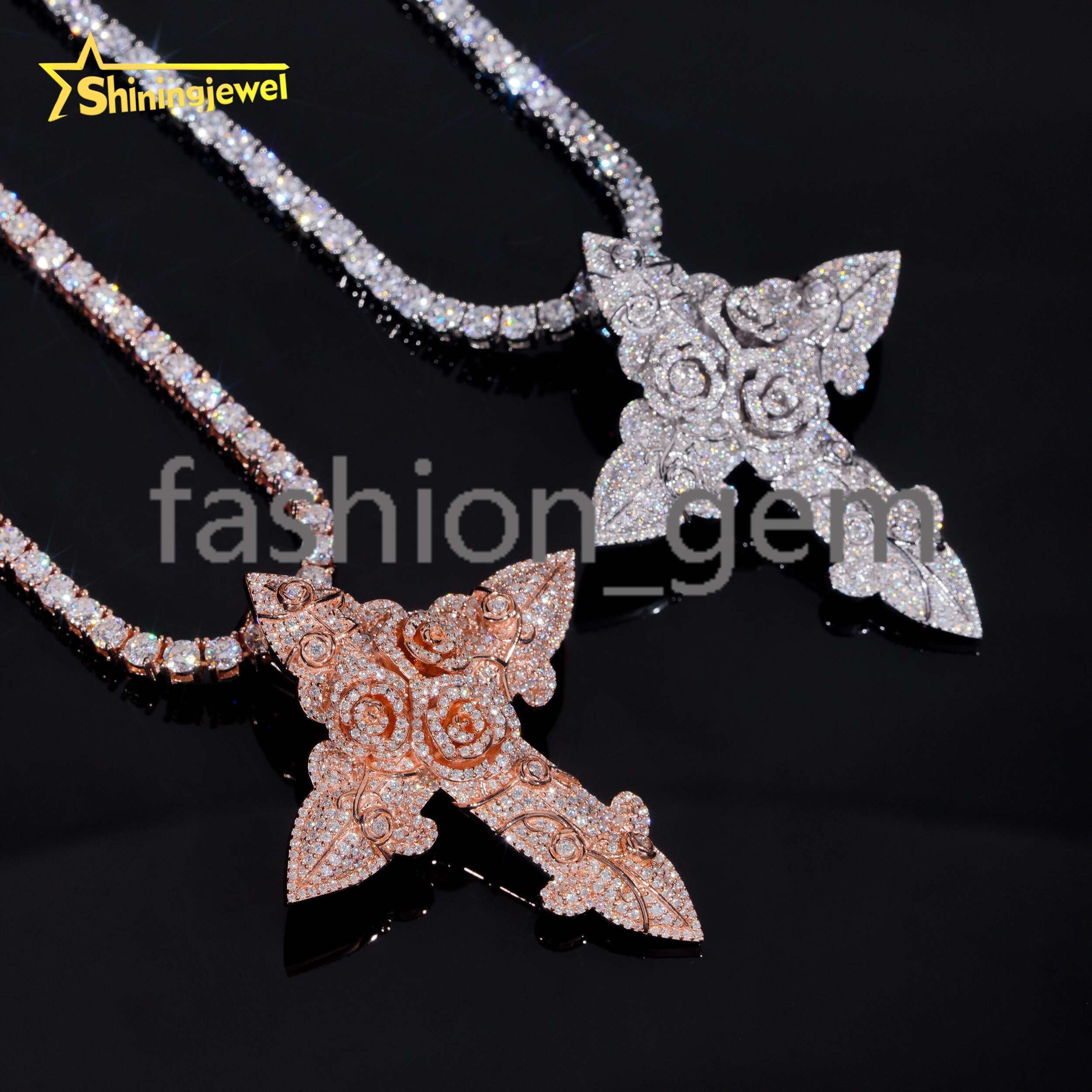 Cross Entangled Rose Moissanite Pendant S925 Gold Plated Moissanite Pass Diamond Test Hip Pendant Custom Pieces