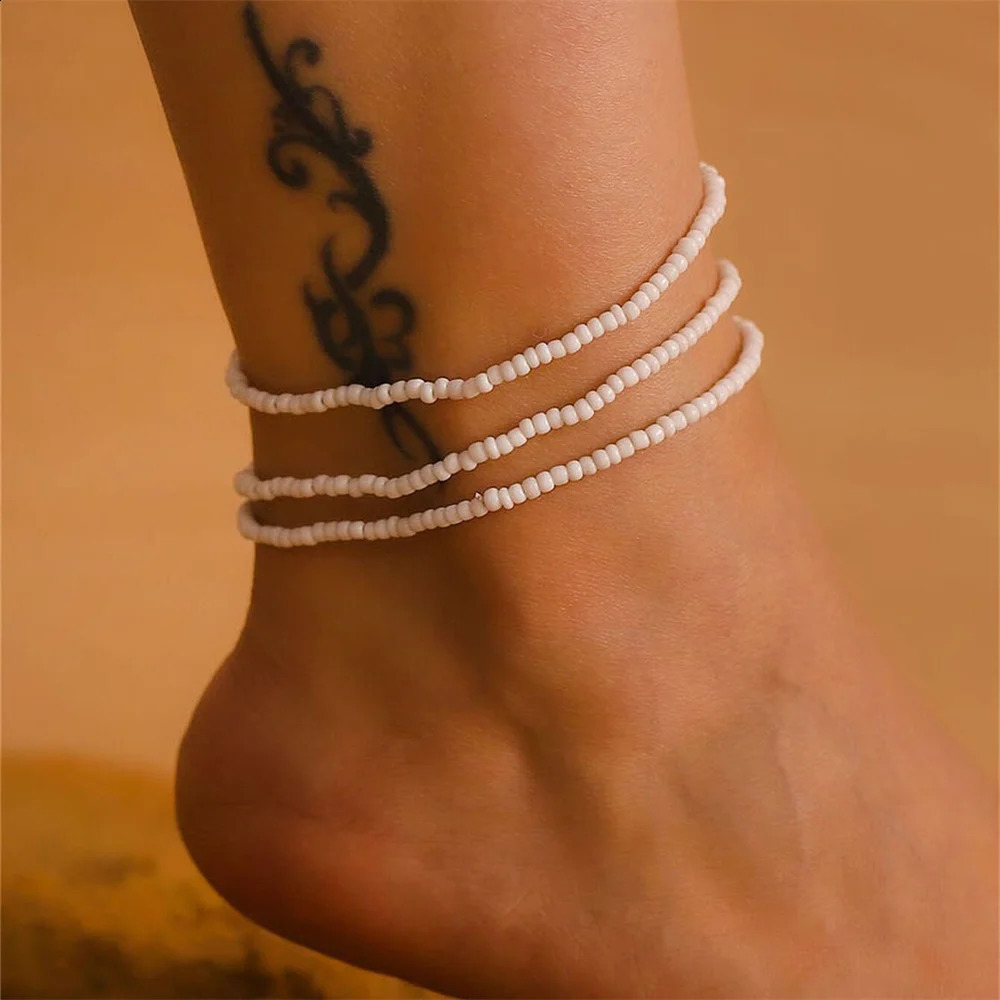3pcst Vacation Beach Summer Bohemian Style Minimalist Elastic Beaded Anklet Jewelry For Women Daily Decoration 250606